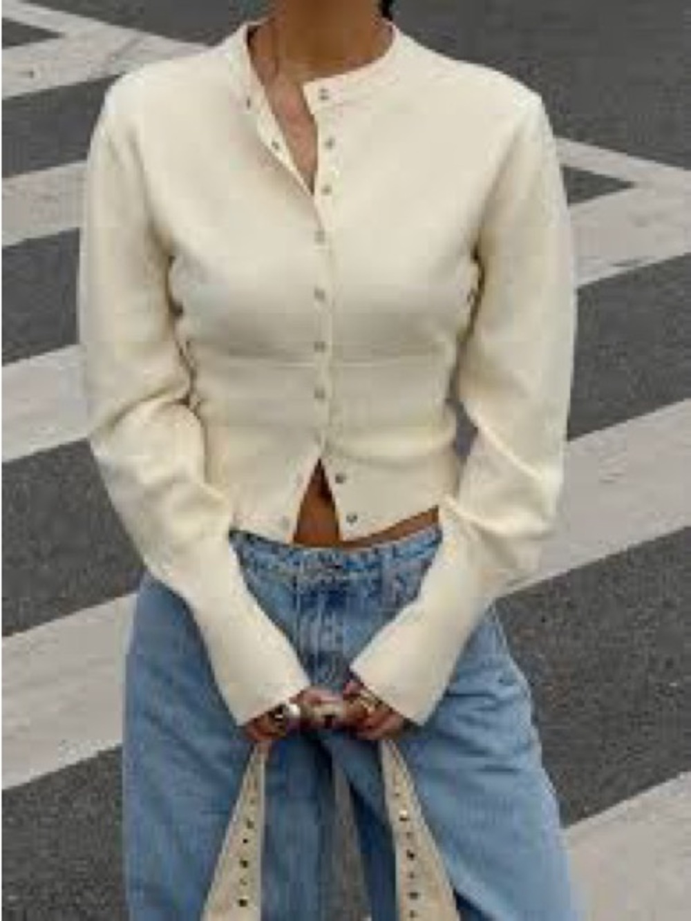 Cream Button-Front Ribbed Waist Knit Top